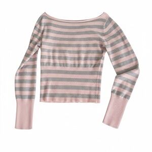Pink and Gray Striped Off-the-Shoulder Soft Lightweight Sweater